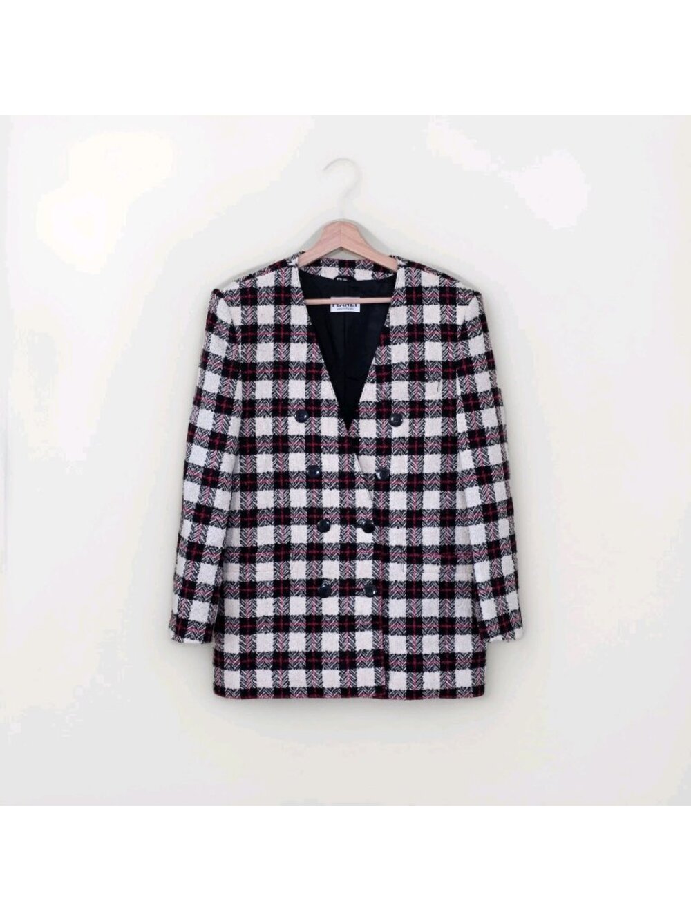 Vtg 80s Planet Plaid Blaizer US 8 Wool Blend Lined DB Colarless England Academia